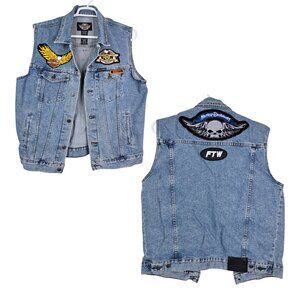 Harley Davidson Vest Mens Large Denim Jean Jacket Embroidered Patches Biker
